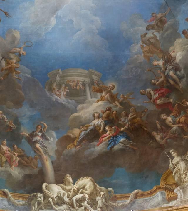 François Lemoyne, « Apollo invites the nine Sisters », detail of The Apotheosis of Hercules, Salon d'Hercule (Hercules Room) of the Palace of Versailles
