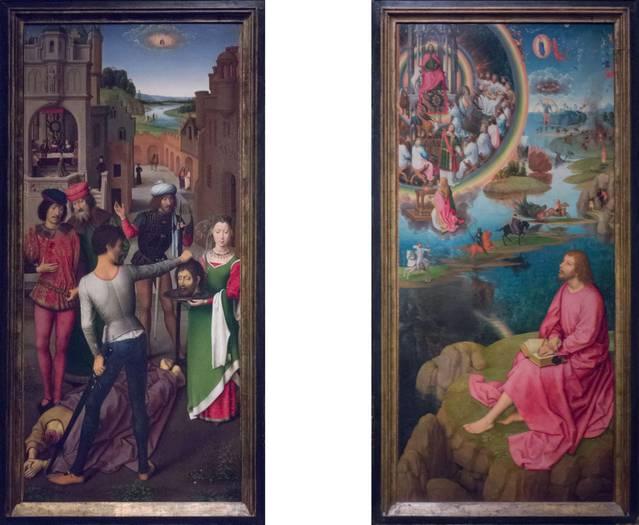 Hans MEMLING, “Triptych of John the Baptist and John the Evangelist”, the right and left inner shutters: in the foreground on the left one, John the Baptist beheaded by Herod's order, on the right one, John the Evangelist in Patmos, Memling Museum, Old St. John's Hospital, Bruges (Brugge)