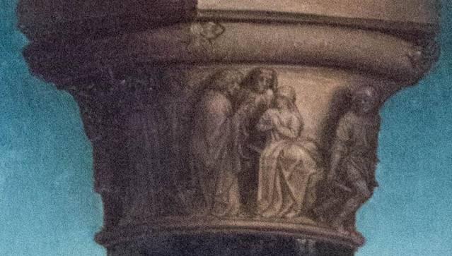 Hans MEMLING, “Triptych of John the Baptist and John the Evangelist”, detail of the central panel, column capital, “resurrection of Drusiana”, Memling Museum, Old St. John's Hospital, Bruges (Brugge)