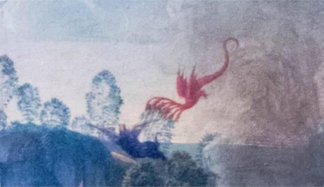 Hans MEMLING, “Triptyque de Jean-Baptiste et de Jean l'Évangéliste”, détail du volet intérieur droit, “la femme reçoit deux aîles de grandes ailes pour échapper au dragon”, Musée Hans Memling, Hôpital Saint-Jean, Bruges (Brugge)