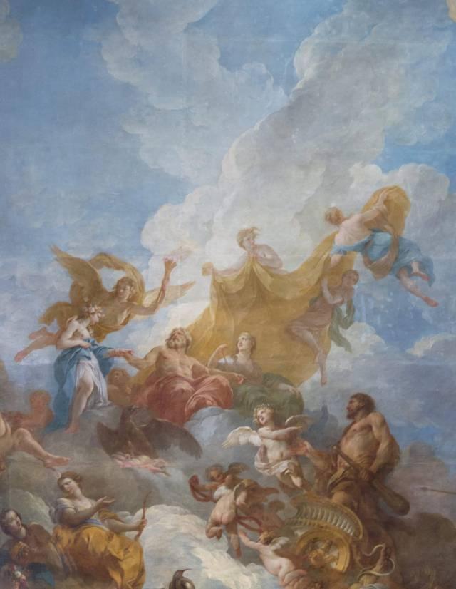 フランソワ・ルモワーヌ作、《ユピテルの衛星たちに支えられている幕の下で》、ヘラクレスの神格化の詳細、ヘラクレスの間、ヴェルサイユ宮殿