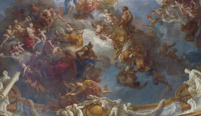 フランソワ・ルモワーヌ作、《怪物たちと悪徳たちの墜落に熱心なマルス》、ヘラクレスの神格化の詳細、ヘラクレスの間、ヴェルサイユ宮殿