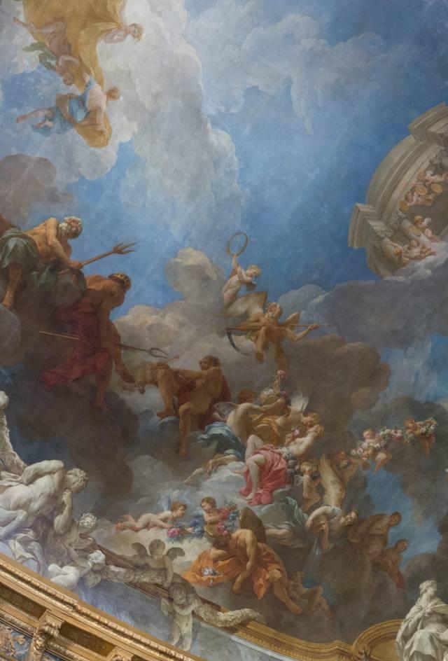 François Lemoyne, « Zéphyr et Flore, accompagné des Génies de l'Air, jouent avec une Guirlande », détail de l'Apothéose d'Hercule, Salon d'Hercule, Château de Versailles
