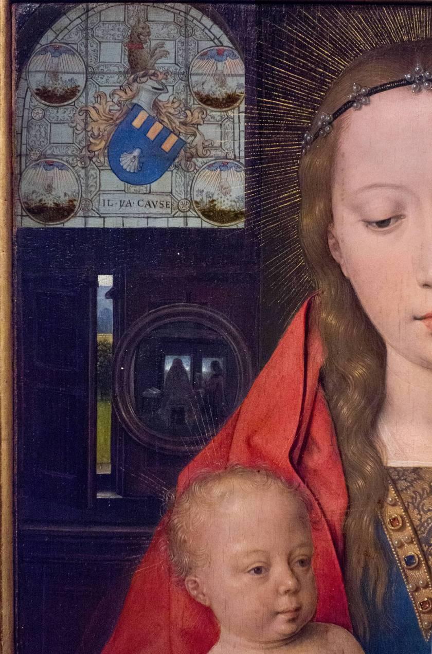 “Blason de la famille van Nieuwenhove”, “Mirroir derrière la Vierge”, détails du panneau de gauche “Vierge à l'enfant” du “Diptyque de Maarten van Nieuwenhove”, Musée Hans Memling, Hôpital Saint-Jean, Bruges (Brugge)