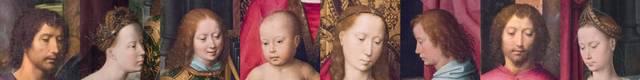 Hans MEMLING, “Triptych of John the Baptist and John the Evangelist”, details of the central panel, from left to right: similarities of the physionomy, varieties of the ages represented, Memling Museum, Old St. John's Hospital, Bruges (Brugge)