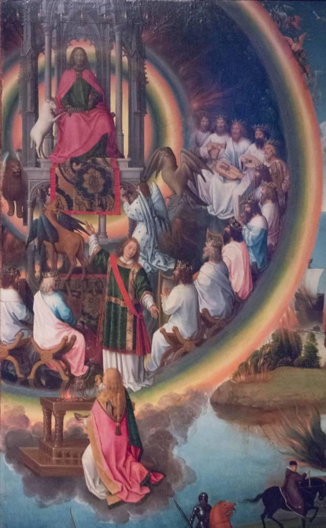 Hans MEMLING, “Triptych of John the Baptist and John the Evangelist”, detail of the right inner shutter, “vision of the throne set in heaven, of the heavenly court, and of the lamb”, Memling Museum, Old St. John's Hospital, Bruges (Brugge)