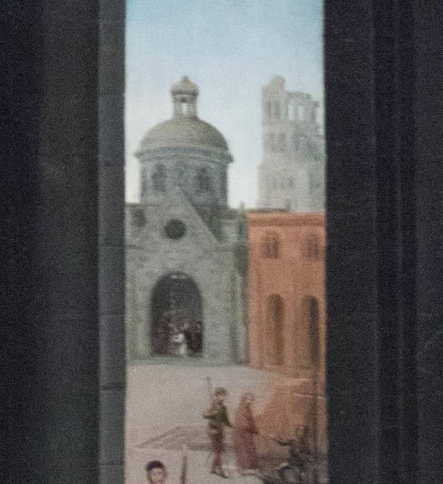 Hans MEMLING, “Triptyque de Jean-Baptiste et de Jean l'Évangéliste”, détail du panneau central, “baptème de Craton”, Musée Hans Memling, Hôpital Saint-Jean, Bruges (Brugge)