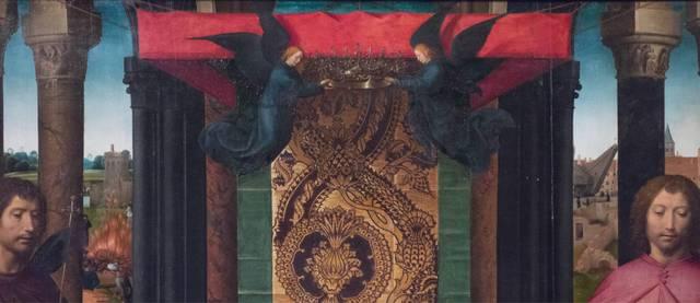 Hans MEMLING, “Triptyque de Jean-Baptiste et de Jean l'Évangéliste”, détail du panneau central, deux anges portent la couronne de la Vierge, Musée Hans Memling, Hôpital Saint-Jean, Bruges (Brugge)