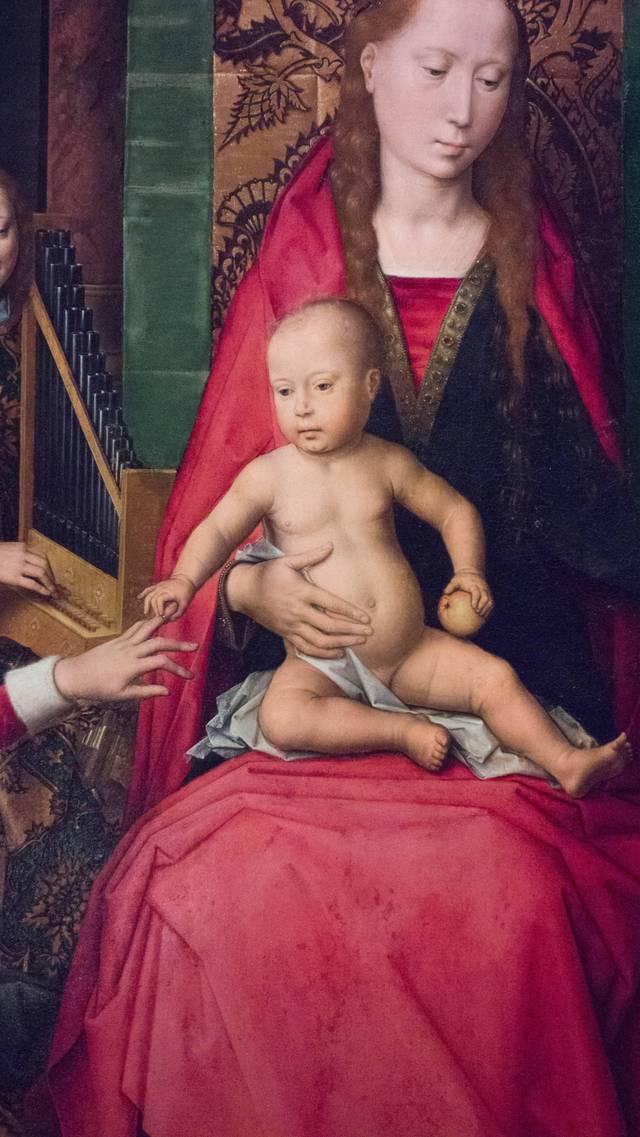 Hans MEMLING, “Triptyque de Jean-Baptiste et de Jean l'Évangéliste”, détail du panneau central, l'enfant Jésus, Musée Hans Memling, Hôpital Saint-Jean, Bruges (Brugge)