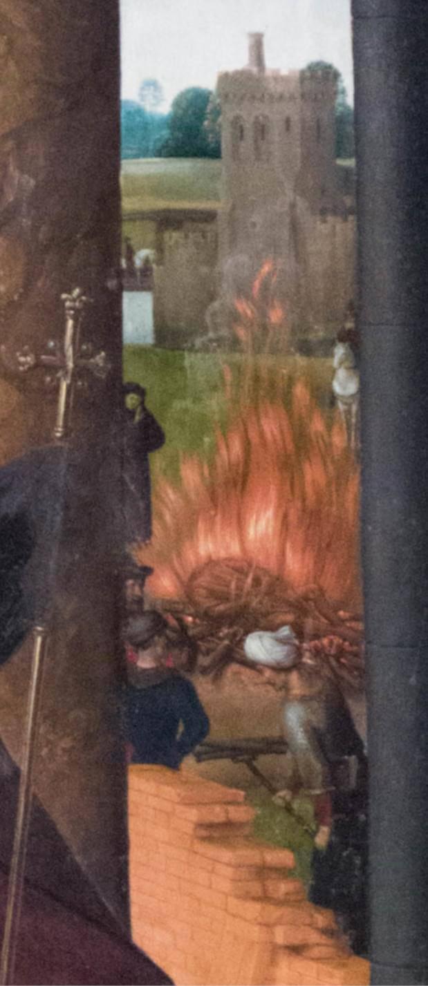 Hans MEMLING, “Triptych of John the Baptist and John the Evangelist”, detail of the central panel, “the body of John the Baptist dug up and burned on the order of Emperor Julian the Apostate”, Memling Museum, Old St. John's Hospital, Bruges (Brugge)