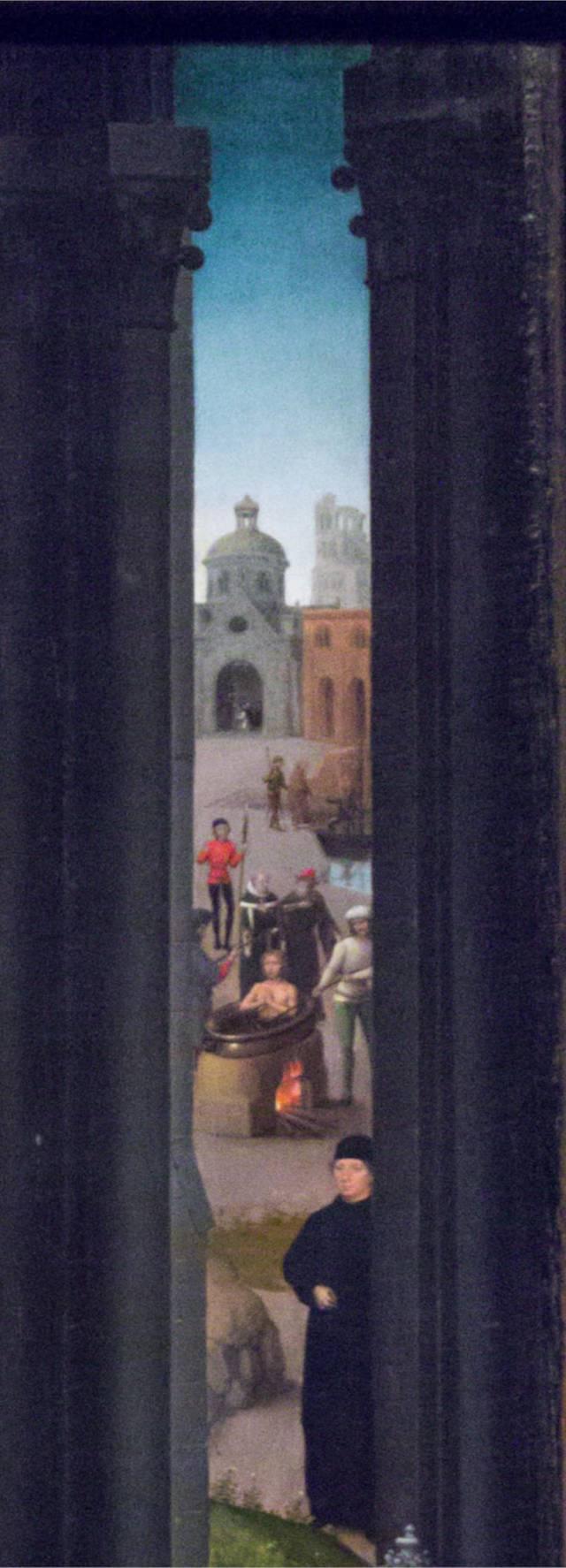 Hans MEMLING, “Triptych of John the Baptist and John the Evangelist”, detail of the central panel, “Salding of John the Evangelist by order of Emperor Domitian in front of the Latin Gate in Rome and departure for exile in the island of Patmos”, Memling Museum, Old St. John's Hospital, Bruges (Brugge)