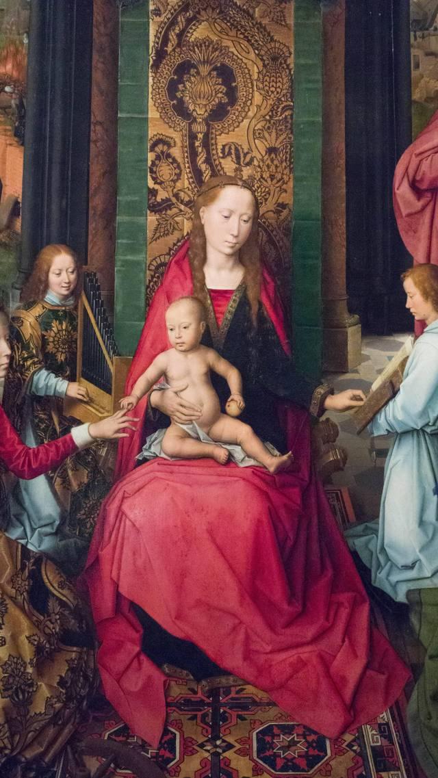 Hans MEMLING, “Triptyque de Jean-Baptiste et de Jean l'Évangéliste”, détail du panneau central, la “Vierge et l'enfant Jésus”, Musée Hans Memling, Hôpital Saint-Jean, Bruges (Brugge)